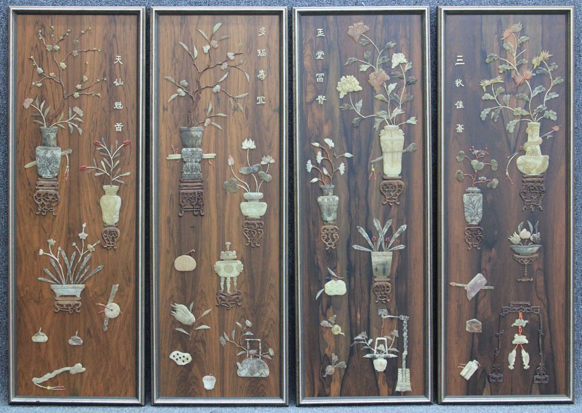 SET OF (4) ROSEWOOD PANELS with Chinese jade an: SET OF (4) ROSEWOOD PANELS with Chinese jade and hardstone height- 50" width- 17 1/4"