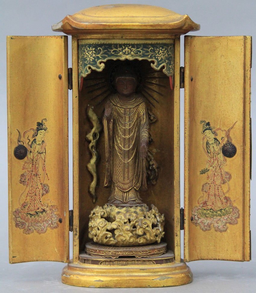 CARVED GILT BUDDHA circa 19th century or earlie: CARVED GILT BUDDHA circa 19th century or earlier total height- 6 1/2" note- repairs and damage to details to right and left of Buddha