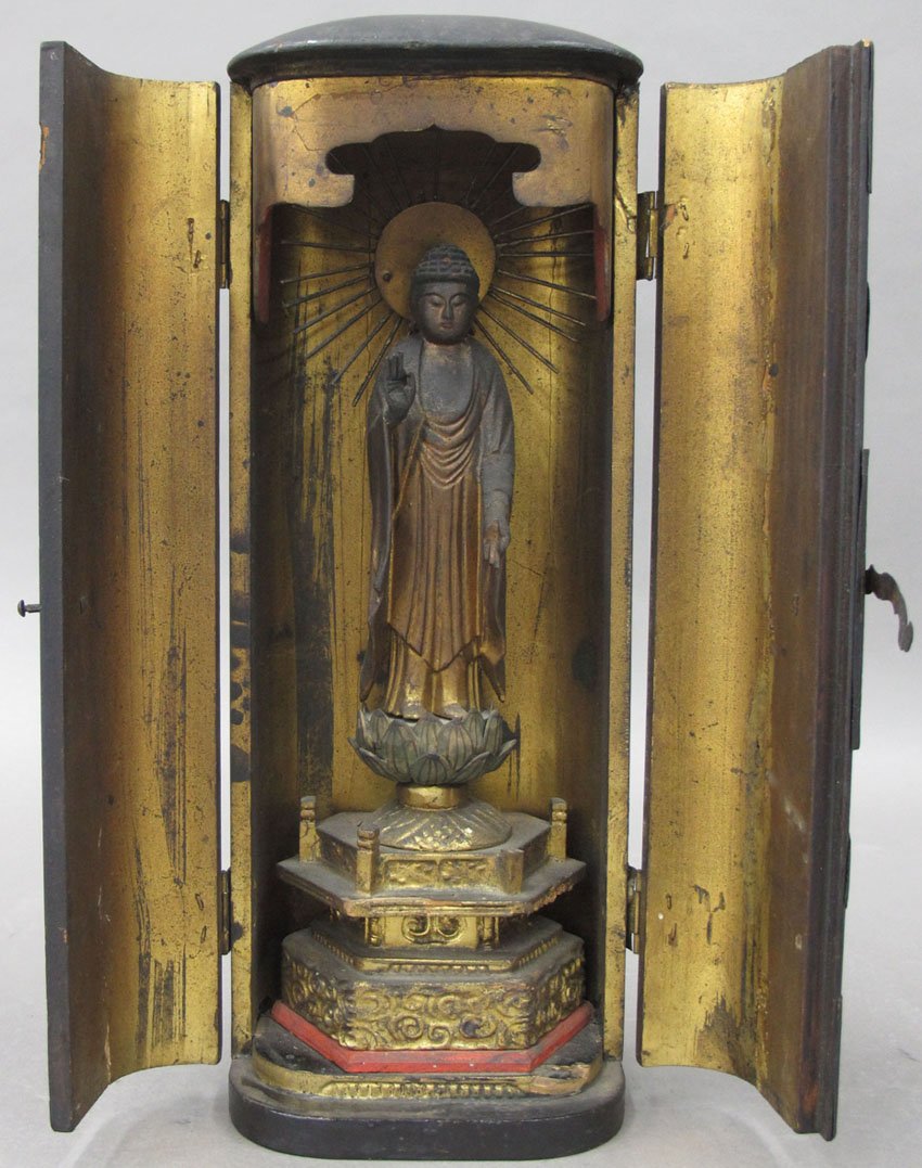 CARVED GILT BUDDHA circa 19th century or earlie: CARVED GILT BUDDHA circa 19th century or earlier height- 11 1/2" note- repair to left hand, paint loss, damage to bottom right corner