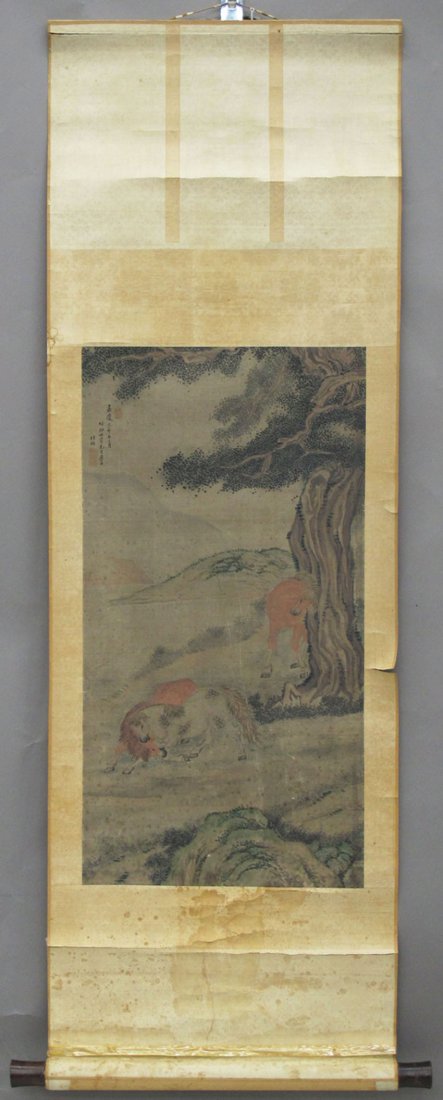 EARLY CHINESE PAINTING of horses note- (2) stam: EARLY CHINESE PAINTING of horses with (2) stamp marks sight- 12 3/4" x 24 3/4" note- tear to paper the painting is attached to
