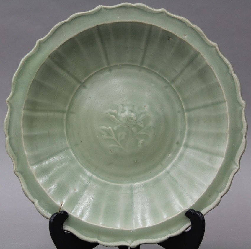 CHINESE CELADON CHARGER with impression of flow: CHINESE CELADON CHARGER with impression of flower diameter- 13" note- Carmel Estate