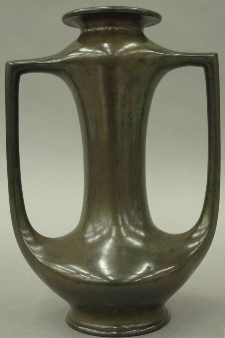 JAPANESE BRONZE DOUBLE HANDLED VASE weight- 70: JAPANESE BRONZE DOUBLE HANDLED VASE weight- 70 troy oz. height- 10 1/2" note- Carmel Estate