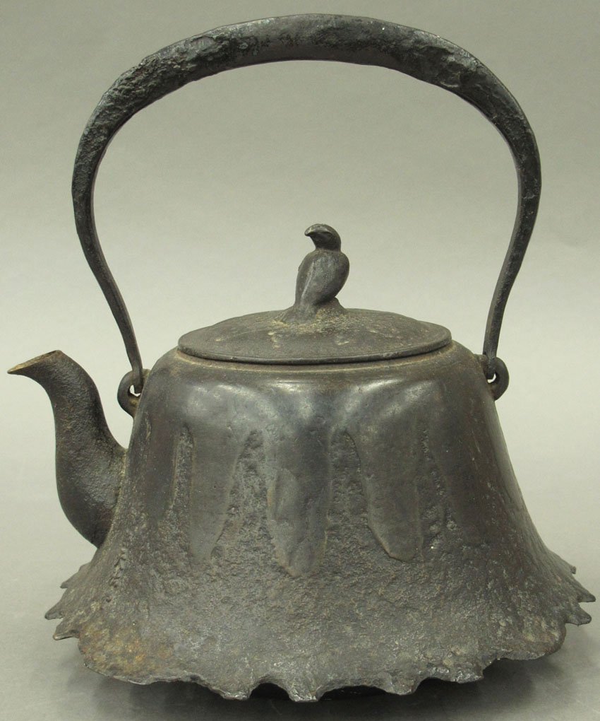 JAPANESE CAST METAL TEAPOT with bird form top c: JAPANESE CAST METAL TEAPOT with bird form top circa 19th century height- 5 1/2"