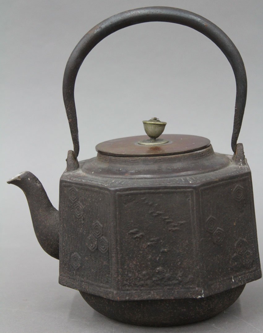 JAPANESE MIXED METAL TEAPOT with octagonal side: JAPANESE MIXED METAL TEAPOT with octagonal sides height- 5 1/2"