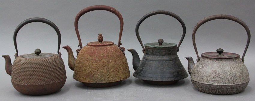 LOT OF (4) JAPANESE METAL TEAPOTS heights- 4 1/: LOT OF (4) JAPANESE METAL TEAPOTS heights- 4 1/4"- 6 1/4" note- Carmel Estate