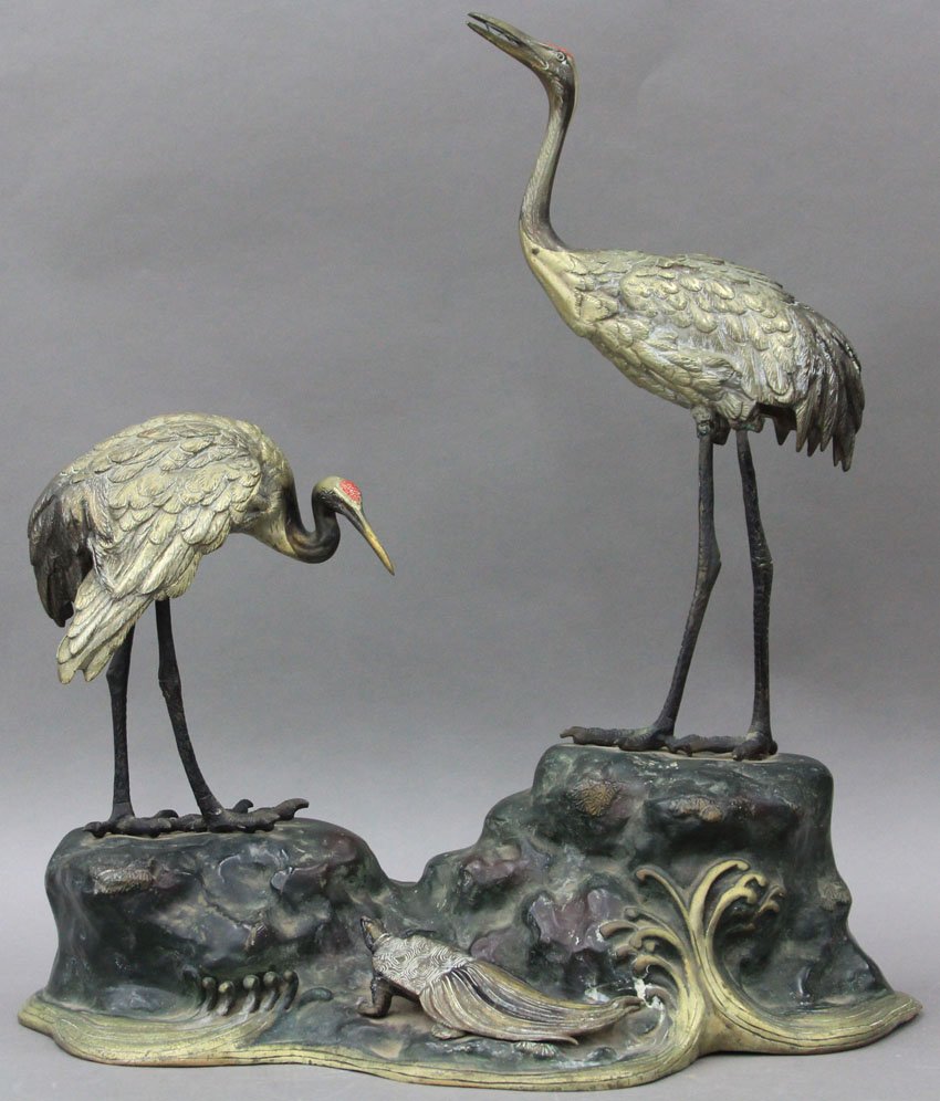 JAPANESE CAST METAL SCULPTURE: JAPANESE CAST METAL SCULPTURE with (2) stamp marks height- 22 1/2", length- 19"