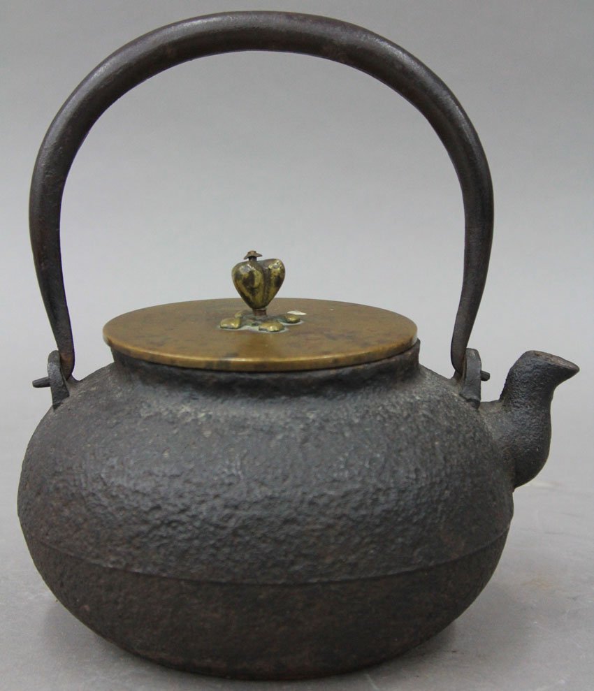 JAPANESE CAST METAL TEAPOT length- 7" note- sig: JAPANESE CAST METAL TEAPOT length- 7" note- signed under lid
