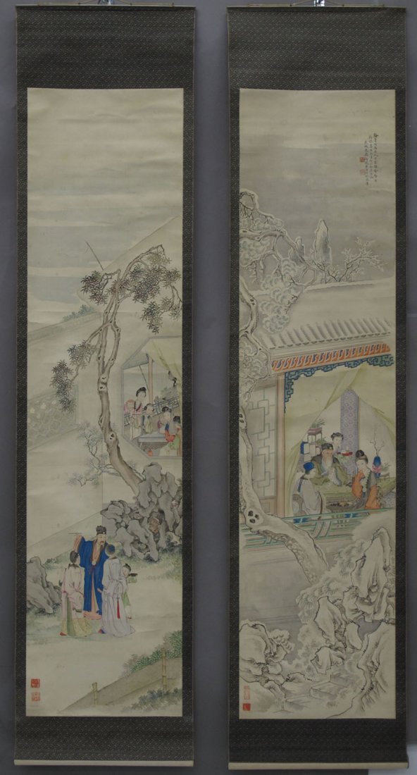 PAIR OF CHINESE INK AND COLOR ON SILK PAINTINGS: PAIR OF CHINESE INK AND COLOR ON SILK PAINTINGS of scholar scenes note- with (2) stamp marks sight- 16" x 65"