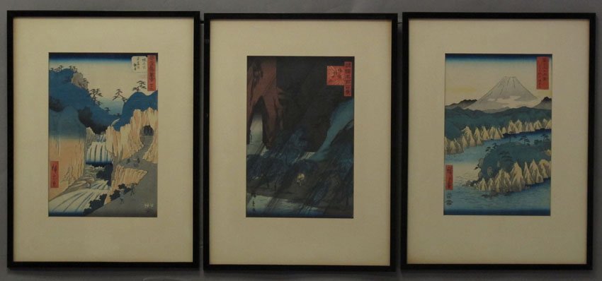 LOT OF (3) ANDO HIROSHIGE WOODBLOCKS circa 19th: LOT OF (3) ANDO HIROSHIGE WOODBLOCKS circa 19th century sight- 8 1/4" x 13"