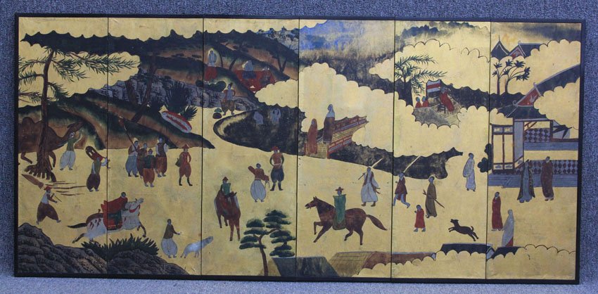 JAPANESE PAINTED SIX PANEL WALL SCREEN each pan: JAPANESE PAINTED SIX PANEL WALL SCREEN each panel- 13" x 37"