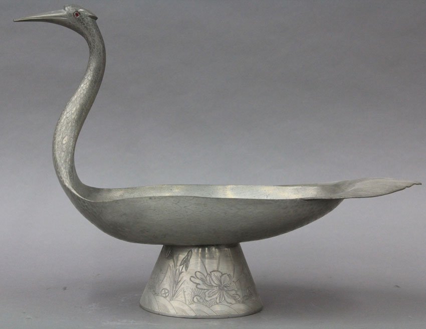 CHINESE PEWTER SWAN early 20th century height-: CHINESE PEWTER SWAN early 20th century height- 11" length- 17"
