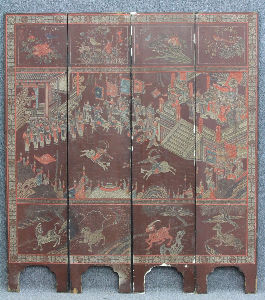 CHINESE FOUR PANEL DRESSING SCREEN early 20th c: CHINESE FOUR PANEL DRESSING SCREEN early 20th century each panel- 16" x 72"