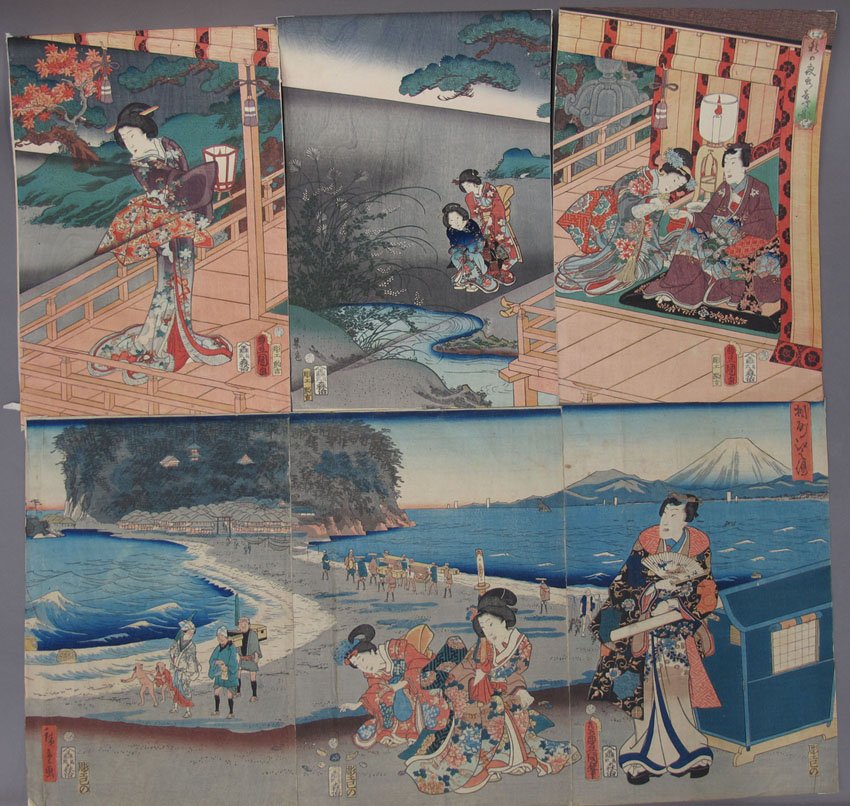 PAIR OF GENJI WOODBLOCK TRIPTYCHS appraisal- To: PAIR OF GENJI WOODBLOCK TRIPTYCHS appraisal- Toyokuni