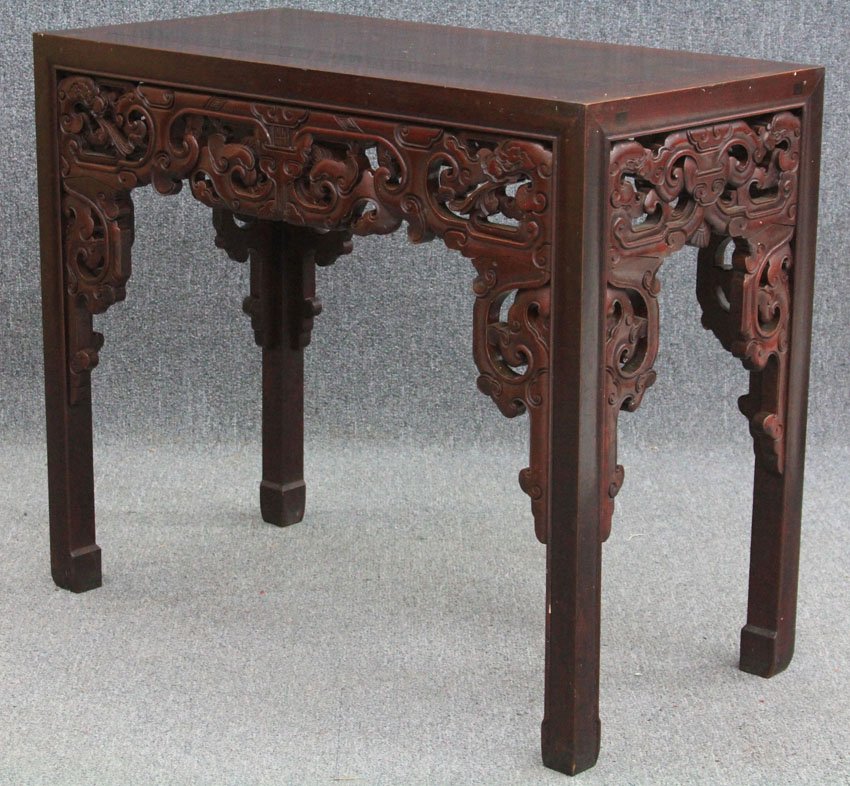 CHINESE CARVED ALTAR TABLE early 20th century h: CHINESE CARVED ALTAR TABLE early 20th century height- 34 1/2" top- 21" x 42"