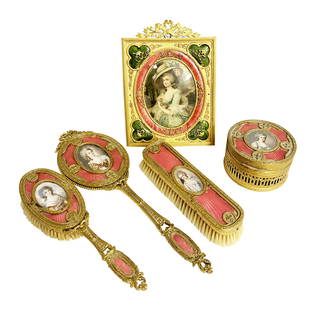 FRENCH ENAMELED METAL 5 PC. VANITY SET: with mirror, covered glass box, combs Shipping U.S. $65 plus insurance