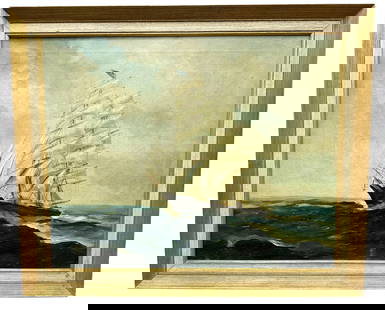 VINTAGE OIL ON CANVAS- TALL SAILING SHIP AT SEA: unsigned Sight- 23 1/2" x 29 1/2" Overall- 28 1/2" x 34 1/2" Third party shipping only for this lot