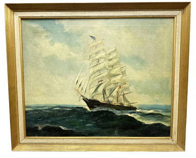 VINTAGE OIL ON CANVAS- TALL SAILING SHIP AT SEA: unsigned Sight- 23 1/2" x 29 1/2" Overall- 28 1/2" x 34 1/2" Third party shipping only for this lot