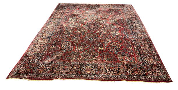 SAROUK ROOMSIZE VINTAGE PERSIAN CARPET: Overall- 107" x 143" Condition- good overall Third party shipping/pick up in person