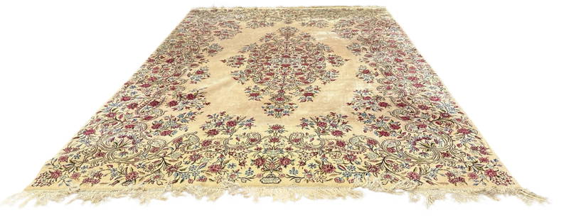 LAVAR KERMAN VINTAGE ROOMSIZE CARPET: Overall- 115" x 160" Condition- some stains throughout carpet, AS-IS Third party shipping/pick up in person