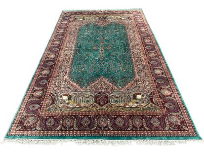 INDIAN EMERALD COLOR SILK/WOOL CARPET: Overall- 6' x 9' Shipping U.S. $120 plus insurance