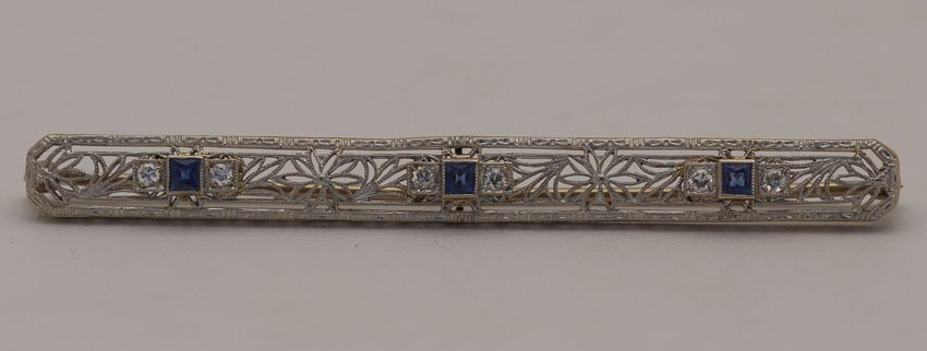 PLATINUM AND DIAMOND PIN set with sapphires leng: PLATINUM AND DIAMOND PIN set with sapphires length- 2 5/8"