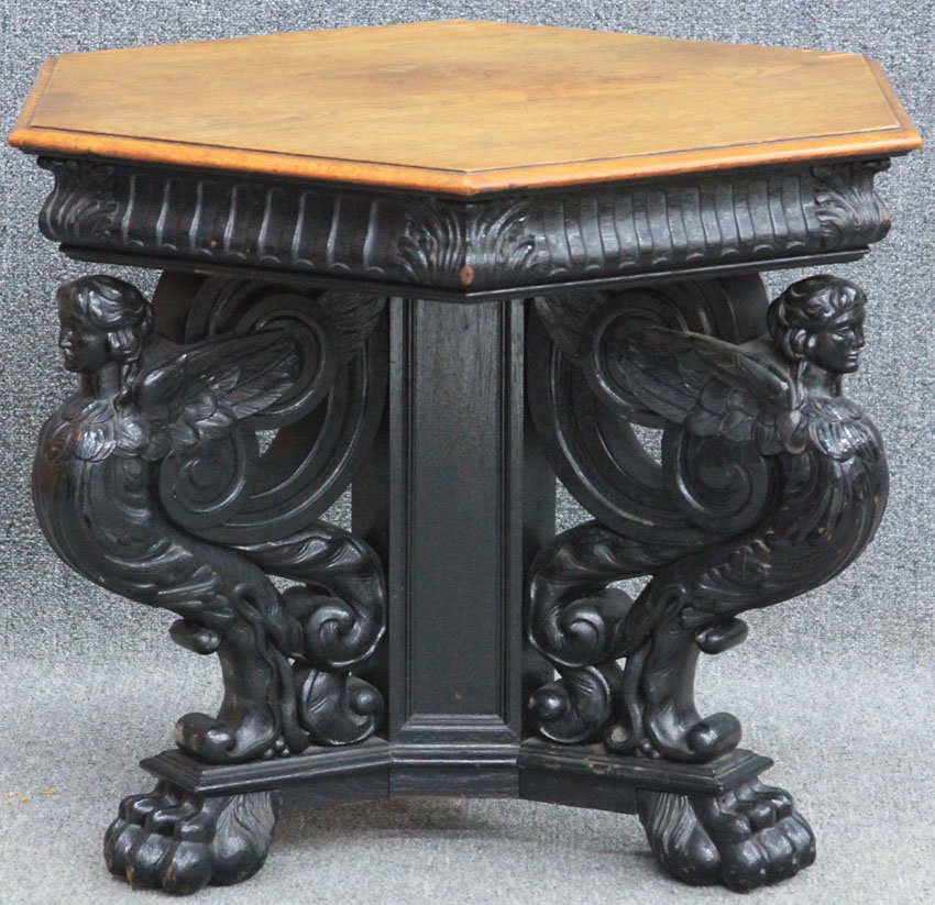 LATE VICTORIAN CARVED OAK OCTAGONAL SIDE TABLE w: LATE VICTORIAN CARVED OAK OCTAGONAL SIDE TABLE with winged angels height- 26", width- 29"