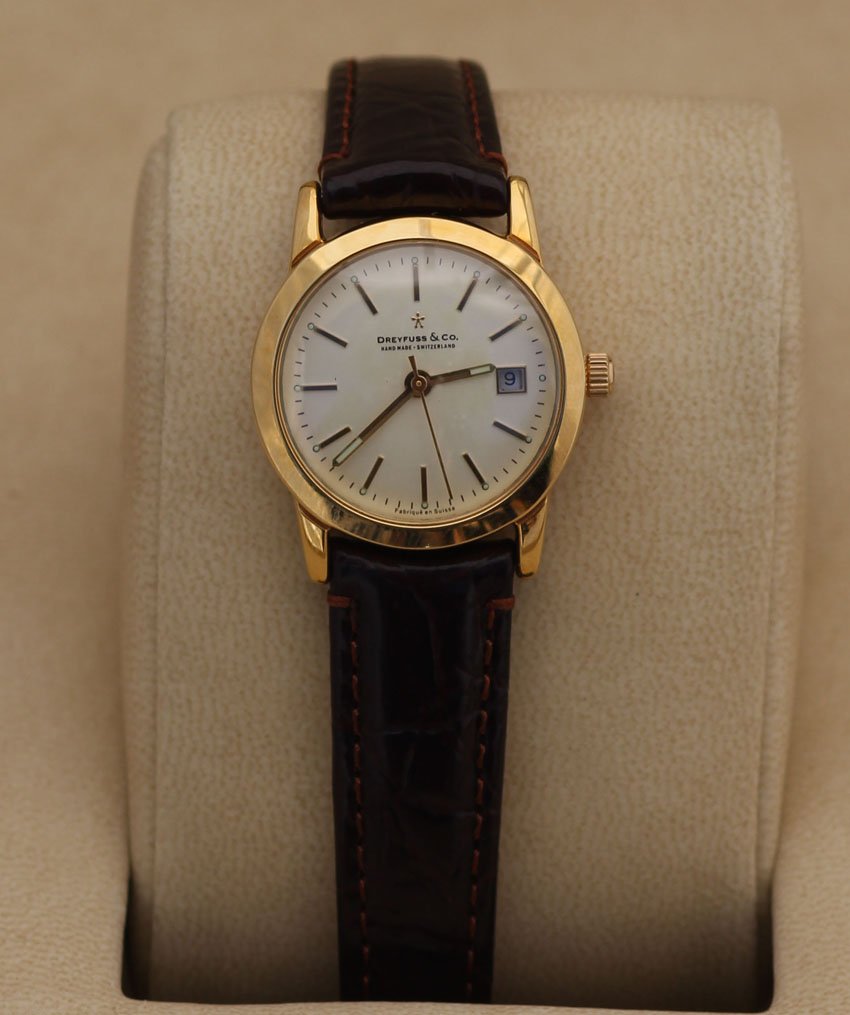 LADIES DREYFUSS WATCH, 18KT: LADIES DREYFUSS WATCH, 18KT with wooden box appraisal- $4,650