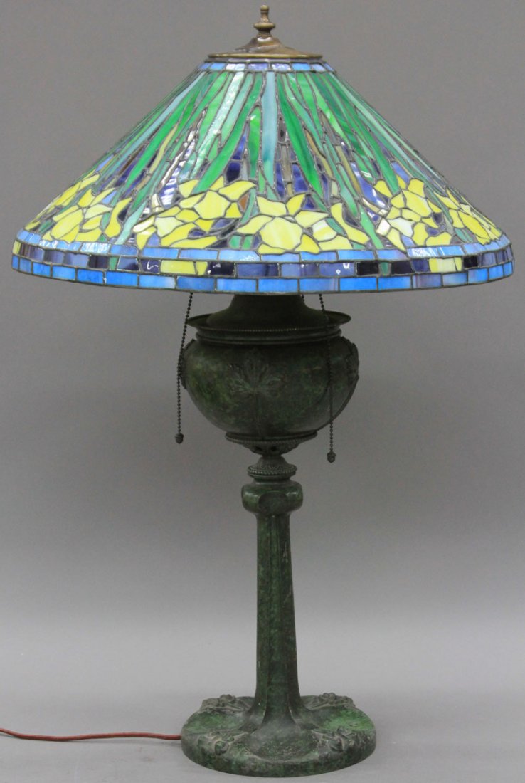 EARLY 20TH CENTURY CAST METAL PARLOR LAMP with n: EARLY 20TH CENTURY CAST METAL PARLOR LAMP with new stained glass shade height of lamp- 29"