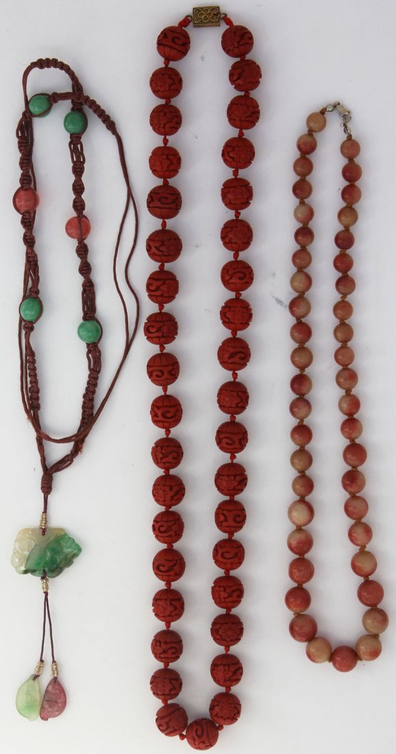 LOT OF (3) NECKLACES jade, cinnabar and agate: LOT OF (3) NECKLACES jade, cinnabar and agate
