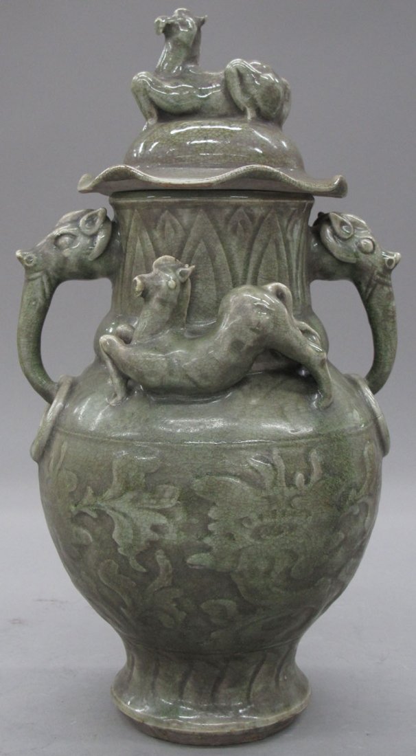 CHINESE CELADON FIGURAL STORAGE JAR with lid hei: CHINESE CELADON FIGURAL STORAGE JAR with lid height- 17" note- chip to ear on lid