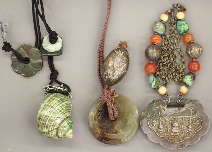 LOT OF (3) NECKLACES note- one with jade: LOT OF (3) NECKLACES note- one with jade