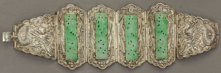 CHINESE SILVER AND JADE BRACELET early 20th centu: CHINESE SILVER AND JADE BRACELET early 20th century