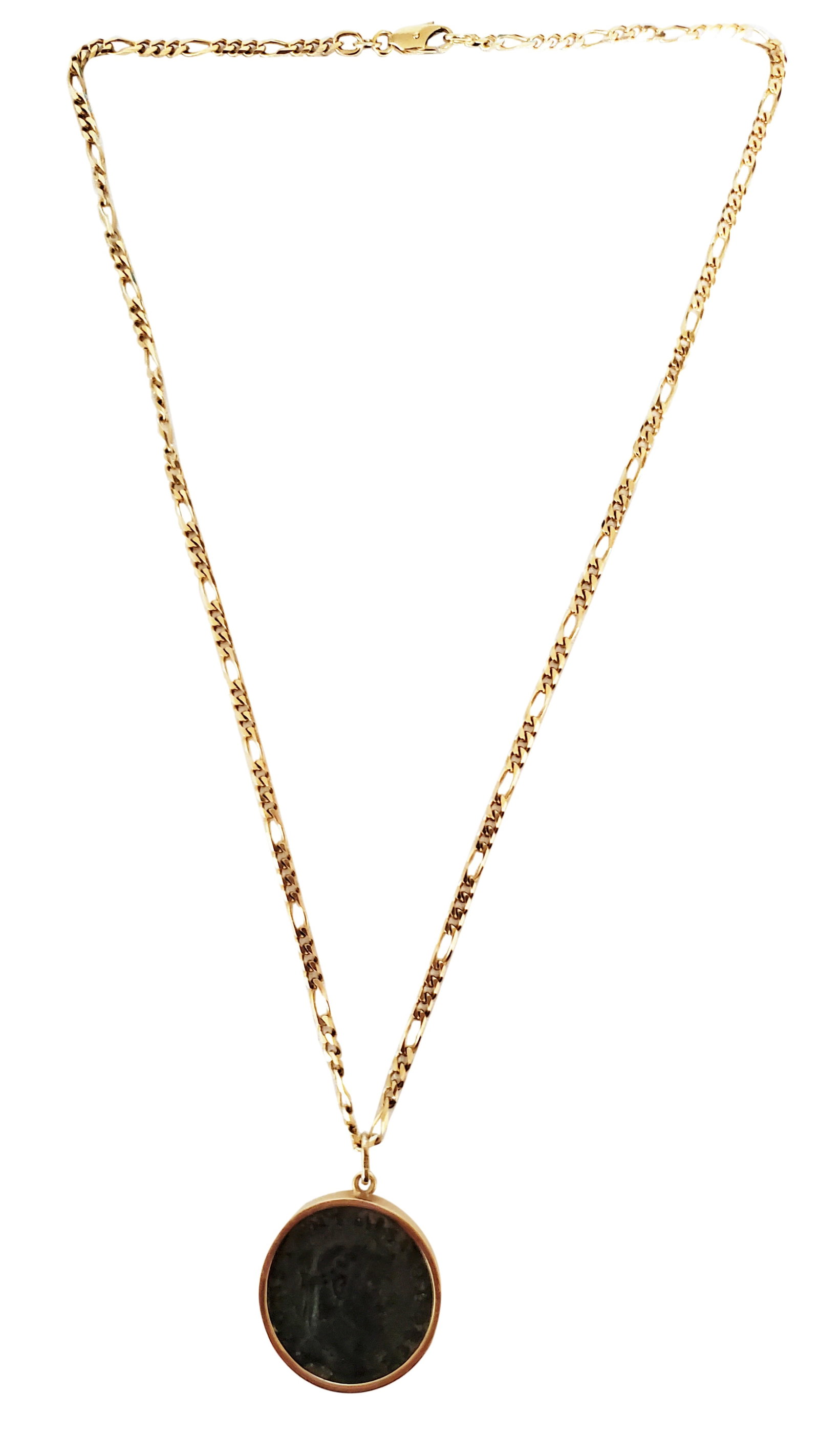 LADYS 14KT CHAIN NECKLACE W/ ANCIENT STYLE COIN: Total weight- 26.9 grams Shipping U.S. $20 plus insurance