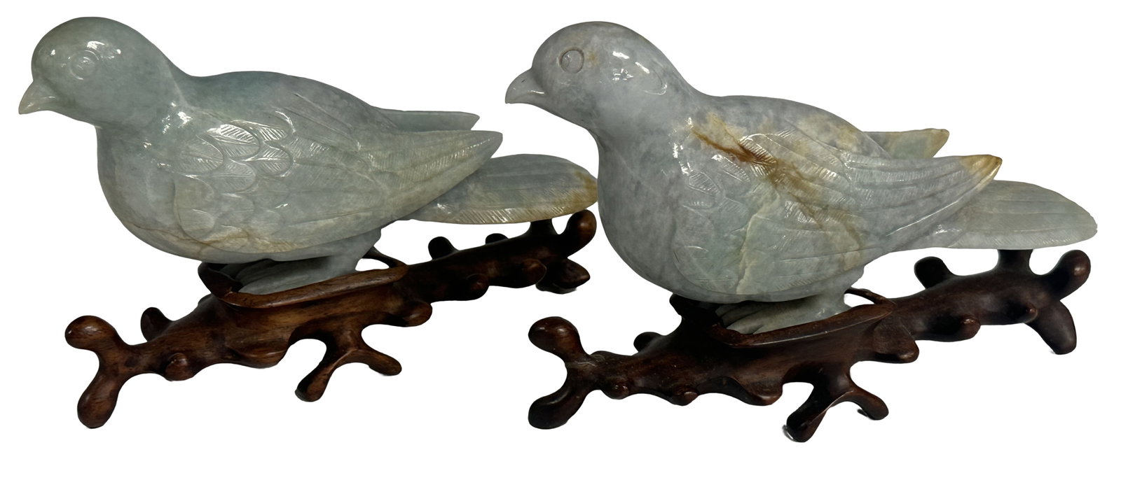 CHINESE CARVED PAIR OF JADE BIRDS W/ STANDS: Length- 6 1/2" Shipping U.S. $45 plus insurance