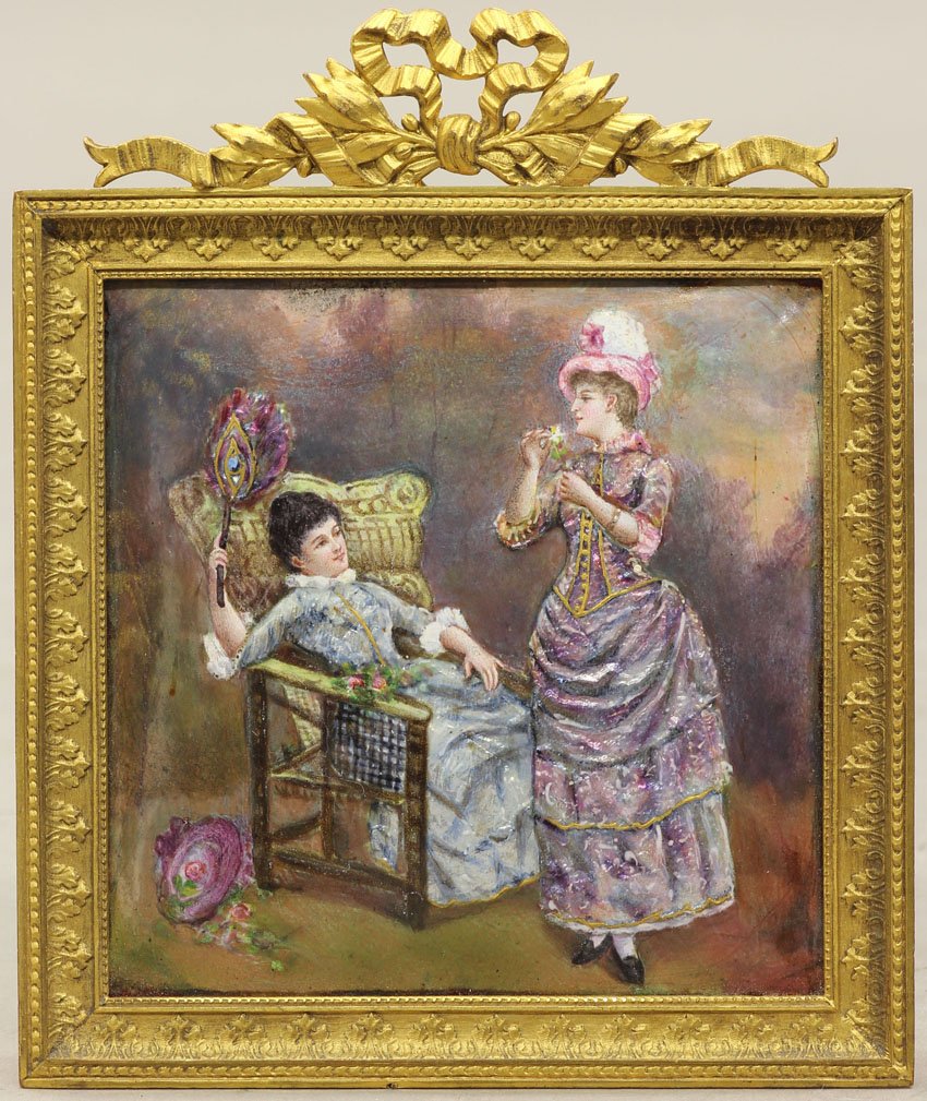 FRENCH ENAMELED PLAQUE circa late 19th century ov: FRENCH ENAMELED PLAQUE circa late 19th century overall- 4 1/4" x 5"
