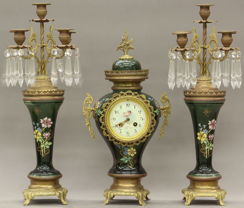 CONTINENTAL PORCELAIN PAINTED THREE PIECE CLOCK S: CONTINENTAL PORCELAIN PAINTED THREE PIECE CLOCK SET circa late 19th/early 20th century height- 17 3/4"