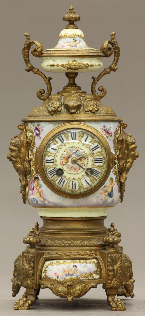 FRENCH PAINTED PORCELAIN AND METAL PARLOR CLOCK c: FRENCH PAINTED PORCELAIN AND METAL PARLOR CLOCK circa late 19th/early 20th century height- 15 1/4"