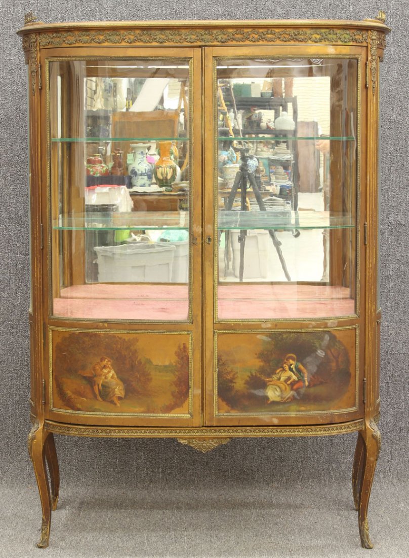 FRENCH CURVED GLASS VITRINE with painted decorati: FRENCH CURVED GLASS VITRINE with painted decoration height- 59, width- 39"