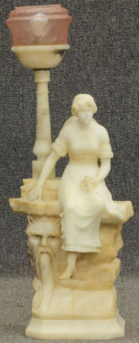 ART NOUVEAU CARVED ALABASTER STATUE LAMP with ass: ART NOUVEAU CARVED ALABASTER STATUE LAMP with associated shade overall height- 34"