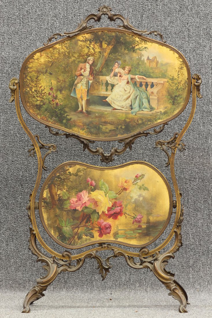 FRENCH CAST METAL PAINTED FIRE SCREEN circa late : FRENCH CAST METAL PAINTED FIRE SCREEN circa late 19th/early 20th century height- 42 1/2"