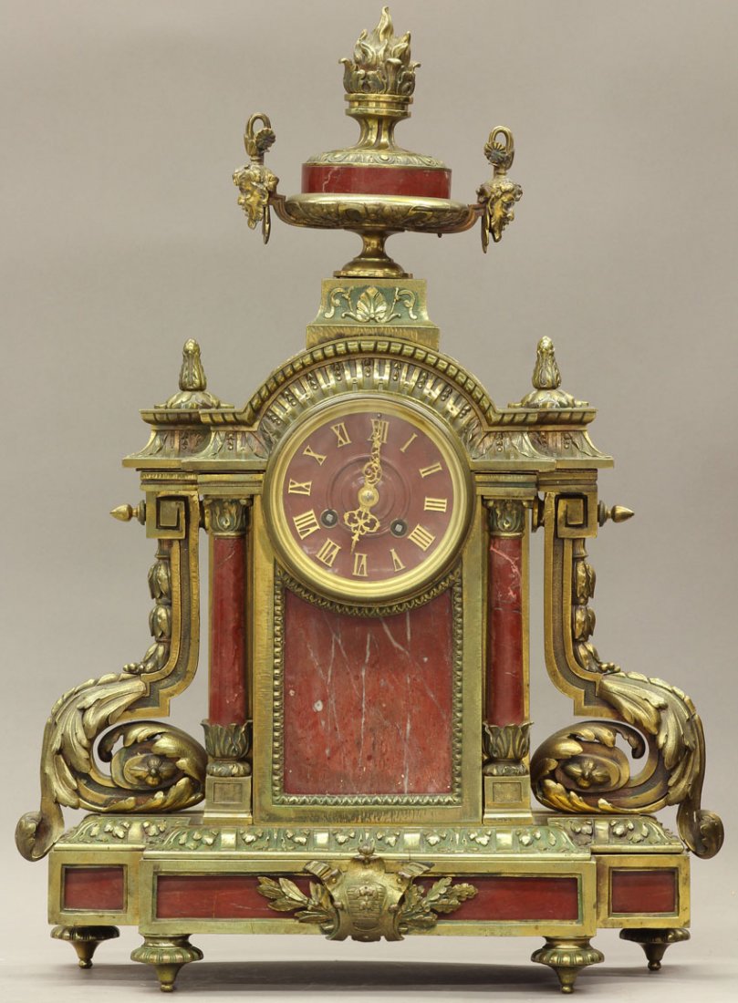 FRENCH CAST BRONZE AND MARBLE MANTLE CLOCK late 1: FRENCH CAST BRONZE AND MARBLE MANTLE CLOCK late 19th century height- 21"