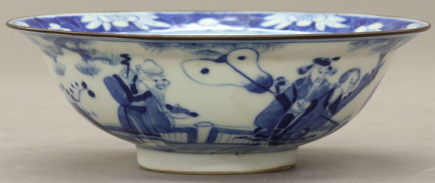QING DYNASTY BLUE AND WHITE PORCELAIN STEM FOOT B: QING DYNASTY BLUE AND WHITE PORCELAIN STEM FOOT BOWL circa 18th/19th century diameter- 7 1/2"