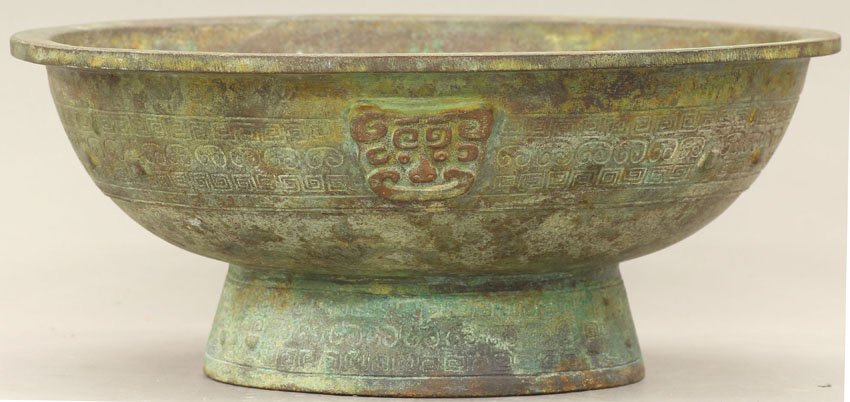 CHINESE BRONZE RITUAL FOOTED BOWL Shang Dynasty S: CHINESE BRONZE RITUAL FOOTED BOWL Shang Dynasty Style diameter- 13 1/4"