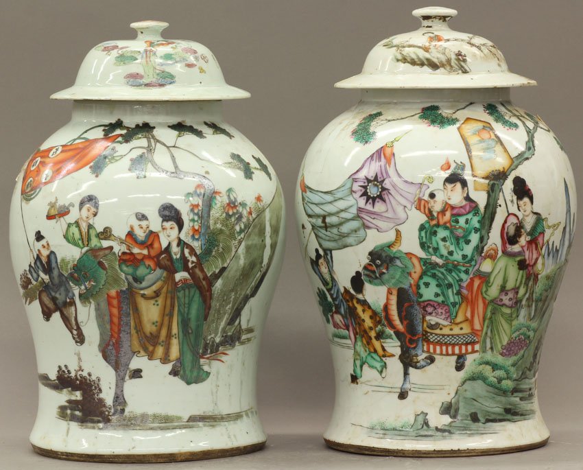 PAIR OF CHINESE PAINT DECORATED PORCELAIN GINGER: PAIR OF CHINESE PAINT DECORATED PORCELAIN GINGER JARS with lids circa 19th century height- 14 1/2" note- restoration to one lid