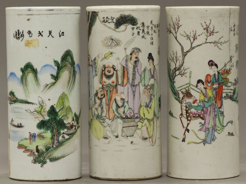 LOT OF (3) CHINESE PORCELAIN HAT STANDS circa la: LOT OF (3) CHINESE PORCELAIN HAT STANDS circa late 19th/early 20th century height- 10 3/4" note- hairline crack on one