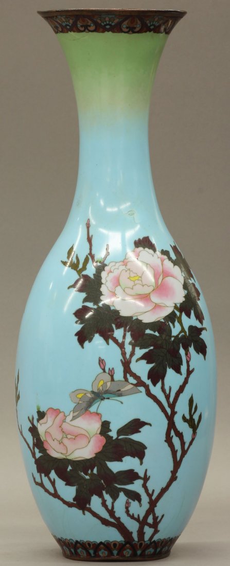 JAPANESE CLOISONNE VASE circa late 19th century h: JAPANESE CLOISONNE VASE circa late 19th century height- 13 1/4" note- minor damage