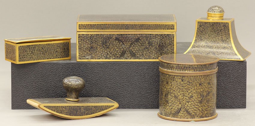 CHINESE CLOISONNE FIVE PIECE DESK SET circa early: CHINESE CLOISONNE FIVE PIECE DESK SET circa early 20th century