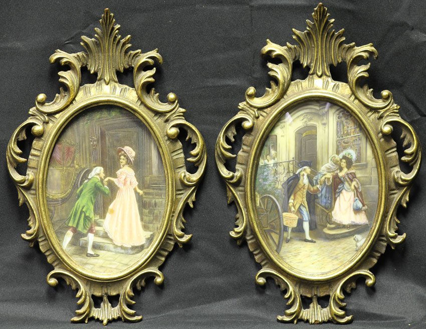 PAIR OF FRENCH MINATURE PAINTINGS with gold frame: PAIR OF FRENCH MINATURE PAINTINGS with gold frames length- 12"