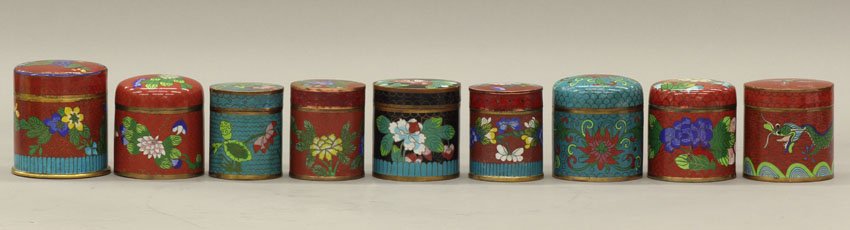 LOT OF (9) CHINESE CLOISONNE COVERED CONTAINERS c: LOT OF (9) CHINESE CLOISONNE COVERED CONTAINERS circa early 20th century height- 3", 3 1/2"