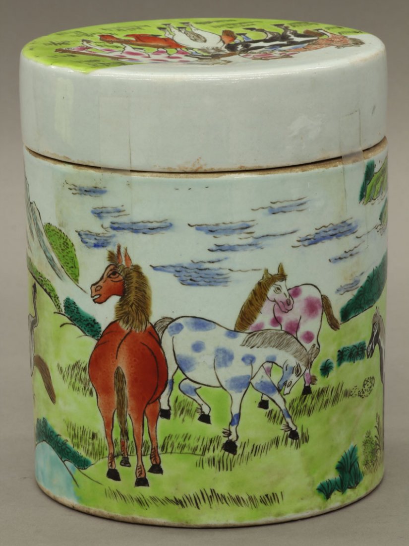 CHINESE PAINTED STORAGE VESSEL with horse decorat: CHINESE PAINTED STORAGE VESSEL with horse decoration circa late 19th/early 20th century height- 6 1/2"